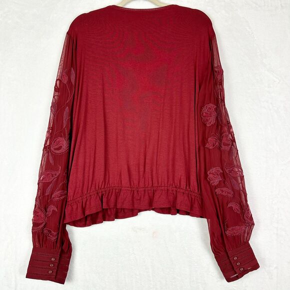 Anthropologie Embroidered Floral Top Size XL Wine Buttondown Boho Sheer Sleeve - Picture 4 of 10